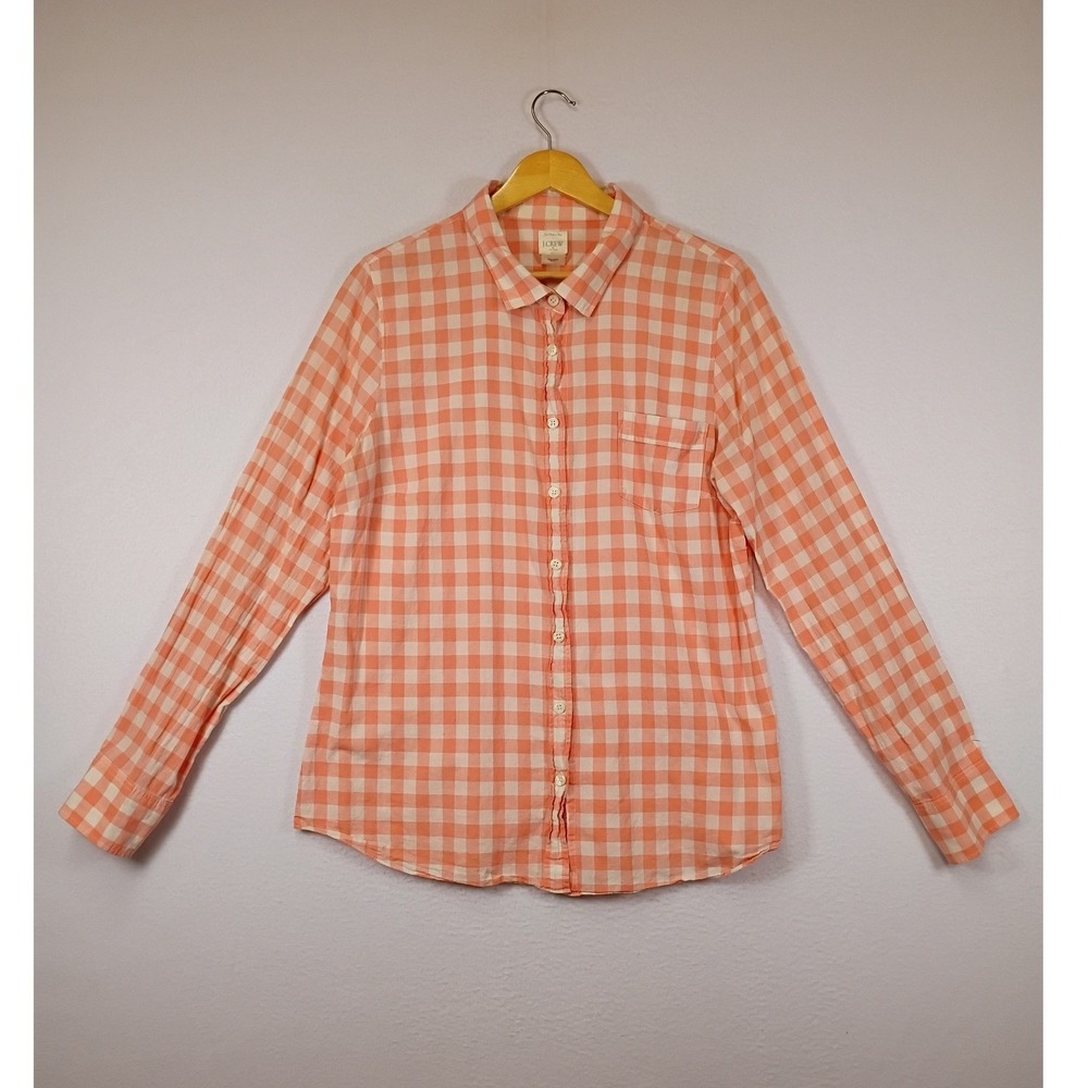 Preppy J.Crew Women Large Orange Gingham The Perfect Shirt 100% Cotton Button Up